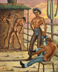 1953 4boys ass bara black_hair blonde_hair boots bulge butt_crack cactus chair cowboy cowboy_hat dated desert gay george_quaintance jeans light_skin male male_only muscular necklace nude original pubic_hair shirtless showering sunset traditional_media undressing yaoi