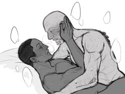 arm_hair bald bald_man bara bed bed_sheet bedroom bedroom_eyes bedroom_sex better_call_saul black_hair blush body_hair breaking_bad cupping_cheek dark-skinned_male dark_skin digital_media_(artwork) embracing_during_sex embracing_each_other facial_hair gay gay_sex greyscale gustavo_fring half-closed_eyes heavy_blush heavy_breathing holding_each_other interracial interracial_sex light-skinned_male light_skin liver_spots looking_at_partner male male/male male_only mike_ehrmantraut muscular muscular_male nose_blush nude nude_male_nude_male old_man old_man_yaoi open_mouth panting parted_lips pillow side_view simple_background sweat sweaty sweaty_sex very_short_hair white_background white_facial_hair white_hair yaoi zepp-xx
