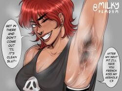 arm_up armpit_crease armpit_fetish armpit_hair armpits arms_up big_breasts dark_skin dark_skinned_female face_piercings female hairy hairy_armpits hairy_female milky milky_femdom muscle_mommy muscles muscular muscular_female musk musk_clouds nose_ring piercing piercings pov pov_eye_contact pov_male pov_sub red_hair short_hair short_hair_female smelly smelly_armpits smiling smiling_at_viewer solo solo_female submissive_pov sweaty sweaty_armpit sweaty_armpit_hair sweaty_armpits tank_top wink winking_at_viewer