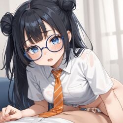 4k ai_generated black_hair blue_eyes female glasses nsfw nyra nyramusensfw original_character pale_skin twin_buns white_shirt