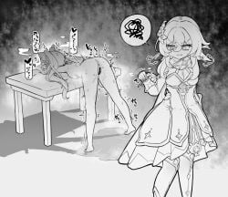 2girls after_fingering bar_censor bent_over censored commentary_request completely_nude cone_hair_bun double_bun dress female_ejaculation flower genshin_impact greyscale hair_bun hair_flower hair_ornament highres keqing_(genshin_impact) long_hair lucifina_006 lumine_(genshin_impact) monochrome multiple_girls nude pussy pussy_juice pussy_juice_puddle short_hair_with_long_locks sidelocks spoken_squiggle squiggle translation_request trembling twintails yuri