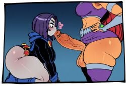 1futa ai_generated breasts dc dc_comics fellatio female from_above futa_on_female futadom futanari grey_body grey_skin high-angle_view intersex kneeling mullon novelai oral raven_(dc) starfire sweat tamaranean teen_titans