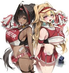 2girls absurd_res ahoge artist_request ass bandage bandaid bay_(nikke) black_hair blonde_hair blush breasts brown_eyes cheerleader cheerleader_uniform choker clay_(nikke) dark-skinned_female female_only goddess_of_victory:_nikke hair_intakes hairband holding_hands huge_breasts light-skinned_female long_hair looking_at_viewer miniskirt mole mole_on_breast mole_on_thigh mole_under_eye mole_under_mouth navel open_mouth pink_eyes ponytail sideboob smile smiling_at_viewer sticker sweat tanline thighs twintails two_tone_hair underboob visor wet_body whistle white_background white_panties