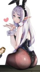 1boy 1girls alternate_costume animal_ears ass black_leotard breasts commentary_request elf fake_animal_ears fake_tail female frieren frieren_blowing_a_kiss from_behind green_eyes hair_down heart highres leotard long_hair looking_at_viewer pantyhose playboy_bunny pointy_ears rabbit_ears rabbit_tail sein_(sousou_no_frieren) simple_background small_breasts solo_focus sousou_no_frieren tail white_background yami_anko