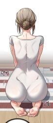 ass ass_focus back_view baengkki bare_arms barefoot big_ass dress feet grey_dress grey_hair indoors kim_goeun manhwa mature_female milf milf_exchange_plan pornhwa see-through_clothing short_sleeves sitting sweatdrop tied_hair toes webtoon