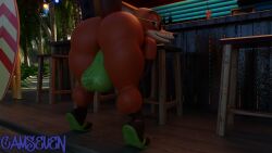 16:9 2024 3d_(artwork) anthro ass ball_bulge beach bent_over big_butt black_nose brown_markings camseven canid canine clothing cocktail_glass container cup digital_media_(artwork) disney drinking_glass english_description eyewear flip_flops floor footwear fox fur furniture glass glass_container glass_cup glasses gloves_(marking) green_clothing green_eyes green_footwear green_thong green_underwear hi_res leg_markings looking_back male mammal markings nick_wilde orange_body orange_fur palm_tree pattern_clothing pattern_underwear plant round_glasses sandals shoes socks_(marking) solo standing stool thick_thighs thong tiptoes tree underwear wearing_glasses widescreen wood wood_floor zootopia