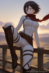 1girls 2025 ai_generated arm_support artist_name attack_on_titan bangs belt black_footwear black_hair boots breasts closed_mouth cloud covered_nipples eroflow hair_between_eyes hi_res high_heel_boots high_heels highres knee_boots knee_up lipstick long_sleeves looking_at_viewer looking_away looking_to_the_side makeup medium_breasts mikasa_ackerman mikasa_ackerman_(cosplay) nipples outdoors pants patreon railing red_scarf scarf see-through shingeki_no_kyojin shirt short_hair sitting sky solo sunset thigh_strap voluptuous voluptuous_female white_pants white_shirt