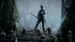 3d boots cd_projekt_red ciri clothing female forest gloves green_eyes imminent_rape imminent_sex light-skinned_female lydas3d mascara monster nekker outdoors penis scar sword the_witcher_(series) the_witcher_3:_wild_hunt white_hair witcher_medallion