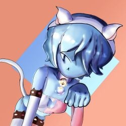 2d_(artwork) armwear bell_collar blue_hair blue_pearl_(steven_universe) blue_skin cat_ears cat_tail catgirl cosplay cute female female_only gem_(species) hair_over_eyes looking_at_viewer muggymelon panties pointy_nose safe simple_background steven_universe stockings