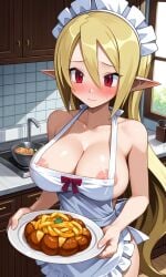 ai_generated apron apron_only blush breasts disgaea disgaea_3 dish embarrassed food large_breasts maid_headdress plate salvatore visible_nipples