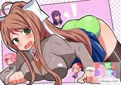 1girls 2025 absurd_res absurdres accidental_exposure anime_style blazer blue_skirt blush breast_press breasts brown_hair color doki_doki_literature_club embarrassed embarrassed_female embarrassed_underwear_female euf female female_focus female_only green_eyes green_panties hi_res high_resolution highres human human_only large_breasts long_hair monika_(doki_doki_literature_club) natsuki_(doki_doki_literature_club) panties pleated_skirt ponoka2121 ponytail sayori_(doki_doki_literature_club) school_uniform skirt skirt_lift skirt_up solo solo_female thigh_highs thighhighs thighs wardrobe_malfunction white_bow yuri_(doki_doki_literature_club) ぽのか_(pixiv_user_id_902546)