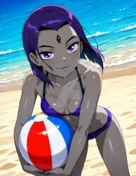 2025 ai_generated beach beach_ball black_eyebrows cartoon_network dc_comics dcau deviantart elryusam grey_body grey_skin holding_beach_ball jewel_on_forehead meta not_porn pink_cheeks purple_bikini purple_eyes purple_hair raven_(teen_titans) teen_titans wet_bikini wet_body wet_skin