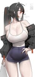 1girls 2026 azz0422 big_breasts black_hair breasts closed_mouth clothed clothing color colored curvy curvy_figure dolphin_shorts female female_only fully_clothed hair hi_res hoyoverse huge_breasts light-skinned_female light_skin looking_away mihoyo ponytail qr_code shorts simple_background solo sweat sweatdrop thick_thighs thighs white_background zenless_zone_zero zhu_yuan