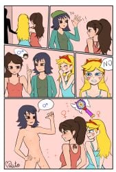 1boy 2girls autonomous blonde_hair blue_eyes blush brown_eyes brown_hair canon_couple canon_crossdressing comic comic_page comic_panel dominant_female dress femboy femdom feminization girly horns humiliation janna_ordonia magic magical_girl malesub marco_diaz nude nude_female otoko_no_ko otokonoko princess_marco reverse_trap role_reversal sissy star_butterfly star_vs_the_forces_of_evil submissive submissive_male tomboy trap wand