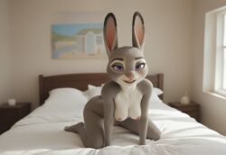 ai_generated anthro anthropomorphic beautiful bedroom big_breasts breasts breeding_request bunny_ears bunny_girl bunny_tail bunnygirl disney female fur furry furry_only impregnation_request in_heat inviting_to_sex judy_hopps looking_at_viewer on_knees seductive seductive_look seductive_smile sexy sexy_body sexy_pose tits_out wet_pussy zootopia