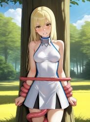 1girls against_tree ai_generated aiz_wallenstein angry blush clenched_teeth cowboy_shot dress dungeon_ni_deai_wo_motomeru_no_wa_machigatteiru_darou_ka female helpless helpless_girl medium_breasts outdoors restrained seacreator tentacle tied