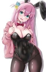 absurdres black_leotard black_pantyhose blue_eyes blush bocchi_the_rock! breasts cleavage cowboy_shot female gotou_hitori highres ice ice_cube jacket large_breasts leotard long_sleeves open_clothes open_jacket open_mouth pantyhose pink_hair pink_jacket playboy_bunny smile solo sweatdrop yami_anko