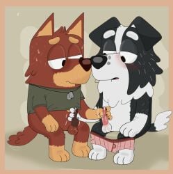 anthro balls black_body black_fur bluey_(series) bodily_fluids brown_body brown_fur canid canine canis domestic_dog duo fur genital_fluids genitals mackenzie's_dad_(bluey) male male/male mammal masturbation penis precum rusty's_dad_(bluey) simple_background tail white_body white_fur wildside_45