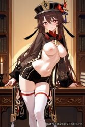 1girls 2025 ai_generated bangs black_headwear black_shorts blush boo_tao_(genshin_impact) book breasts brown_hair closed_mouth eroflow female flower flower-shaped_pupils flowers genshin_impact hat hat_flower hi_res highres hoyoverse hu_tao_(genshin_impact) indoors large_breasts leaning_forward long_hair long_sleeves looking_at_viewer medium_breasts mihoyo mihoyo_technology_(shanghai)_co._ltd. nail_polish navel nipples open_clothes patreon plum_blossoms porkpie_hat red_eyes short_shorts shorts shrug_(clothing) smile solo standing stomach thighhighs thighs twintails very_long_hair voluptuous voluptuous_female white_thighhighs