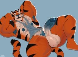 absurd_res anthro anthro_focus armpit_hair balls biceps bluesh bodily_fluids body_hair digital_drawing_(artwork) digital_media_(artwork) erection felid frosted_flakes genital_fluids genitals glans hi_res kellogg's male mammal mascot muscular muscular_anthro muscular_male nipples pantherine penis precum pubes simple_background solo tail tiger tony_the_tiger