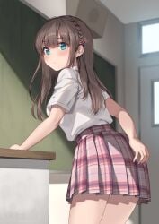 absurdres aqua_eyes blurry blurry_background braid brown_hair female hair_ornament hairclip highres indoors long_hair looking_at_viewer maki_makishima_(makimaki) original plaid_clothes plaid_skirt shirt short_sleeves skirt solo unasaka_ryou white_shirt