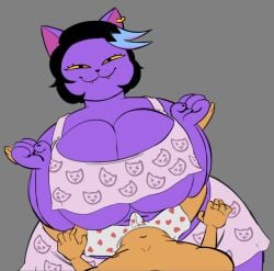 2025 4_fingers 5_fingers anthro belly big_breasts black_hair blue_highlights bottomwear boxers_(clothing) breasts burgerpants catty_(undertale) clothed clothed_anthro clothed_female clothing crop_top digital_drawing_(artwork) digital_media_(artwork) domestic_cat duo fangs felid feline felis female female_anthro fingers fur gold_ear_ring grey_background hair heart_boxers heart_clothing heart_symbol heart_underwear highlights_(coloring) huge_breasts kitapult male male/female male_anthro mammal overweight overweight_anthro overweight_female purple_body purple_ears purple_fur shirt shirtless_anthro shirtless_male shorts simple_background teeth topwear undertale_(series) underwear wide_hipped_anthro wide_hipped_female wide_hips