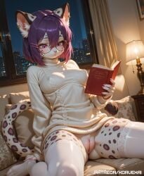 ai_generated anthro bob_cut bottomless covered_nipples ear_piercing feline female furry glasses hair_clips holding_book kneeling leopard mammal medium_breasts night on_sofa plump_labia purple_hair pussy reading reading_book room solo sonya_(xorvexai) spots striped_panties tagme thick_thighs thighhighs white_fur xorvexai
