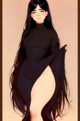ai_generated bangs black_dress black_hair blush breasts brown_background brown_eyes closed_mouth contrapposto covered_navel dress dress_lift female large_breasts lifted_by_self long_dress long_hair long_sleeves looking_at_viewer medium_breasts mole mole_on_thigh no_panties parted_bangs simple_background solo standing swept_bangs thick_thighs thighs turtleneck very_long_hair