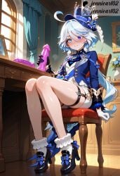 ahoge ai_generated ascot bangs bare_legs black_footwear black_gloves blue_bow blue_eyes blue_flower blue_hair blue_headwear blue_jacket blush bow breasts bridal_garter chair closed_mouth clothing crossed_legs cup curtains dildo dress female female female_only flower footwear frills furina furina_(genshin_impact) gem genshin_impact gloves hair_between_eyes hair_ornament hat hat_bow hat_flower headwear heterochromia high_heels holding indoors jacket jennieart02 jewelry legs legwear light_blue_hair long_hair long_sleeves looking_at_viewer mismatched_pupils multicolored_hair on_chair painting_(object) patreon patreon_logo patreon_username potted_plant reflection sex_toy shiny_skin shirt shoes short_shorts shorts sidelocks sitting small_breasts smile socks solo streaked_hair sweat table thigh_strap thighs top_hat twitter twitter_username watermark white_gloves white_hair white_legwear white_shorts white_socks window