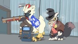 2fort animal_genitalia animal_penis anthro avian beak bodily_fluids bone canid canid_demon canine canine_genitalia canine_penis clothing demon disney dispenser_(team_fortress_2) duo erection feathers foreskin genital_fluids genitals gun headgear hi_res holding_gun holding_object holding_ranged_weapon holding_weapon humanoid_genitalia humanoid_penis king_clawthorne knot knotted_penis machine male male/male mammal miau nintendo oblivious open_mouth penis precum raised_tail ranged_weapon rifle rito skull skull_head sniper_(team_fortress_2) sniper_rifle spy_(team_fortress_2) tail team_fortress_2 tears_of_the_kingdom the_legend_of_zelda the_owl_house titan_(the_owl_house) topwear tulin_(tloz) valve weapon white_body white_feathers