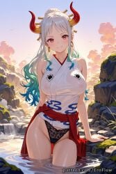 1girls 2025 ai_generated bare_shoulders black_panties blush breasts closed_mouth clothing covered_nipples curled_horns earrings eroflow female female_only hair_ornament hair_stick hakama hi_res highres hoop_earrings horns japanese_clothes jewelry kimono lace_panties large_breasts long_hair looking_at_viewer one_piece one_piece_swimsuit outdoors panties pantsu patreon red_eyes red_horns see-through sidelocks sky sleeveless smile solo thighs underwear voluptuous voluptuous_female wano_country water wet wet_clothes white_hair yamato yamato_(one_piece) yamato_(one_piece)_(cosplay)