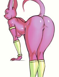 anthro ass athletic beerus blush bracelet breasts clothing dragon_ball dragon_ball_super feline female fur furry furry_only genderswap hairless jewelry legwear looking_at_viewer looking_back mammal mostly_nude naked nude pink_skin presenting presenting_hindquarters presenting_pussy pussy rhodesio rule_63 simple_background smile stockings tail thick_thighs wide_hips