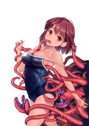 absurdres braid breasts collarbone commentary_request cowboy_shot female highres large_breasts looking_at_viewer open_mouth orange_hair original red_hair school_swimsuit short_hair side_braid simple_background solo standing strap_pull swimsuit teeth tentacle upper_teeth_only wakana_hanabi white_background