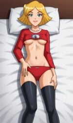 ai_generated ass bigmic145 blonde_hair breasts clover_(totally_spies) cropped female long_sleeves medium_breasts navel panties solo_female stockings thighhighs topwear totally_spies underboob