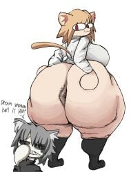 :3 anal_hair anothercat anus ass big_breasts big_butt blonde_hair bottomless breasts clothed clothing duo english_text female grey_hair hair hi_res huge_breasts huge_butt huge_hips huge_thighs humanoid hyper hyper_butt inner_ear_fluff looking_back male neco-arc neco-arc_chaos pubes question_mark red_eyes shirt text thick_thighs topwear tsukihime tuft type-moon white_body white_skin wide_hips