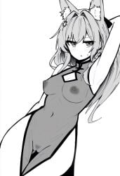alternate_costume animal_ear_fluff animal_ears arknights arm_behind_back arm_behind_head arm_up armpits breasts china_dress chinese_clothes cleavage cleavage_cutout clothing_cutout commentary_request cowboy_shot dress female female_pubic_hair greyscale groin hair_intakes highres light_blush long_hair looking_at_viewer makigirisu medium_breasts monochrome navel nipples parted_lips pelvic_curtain pozyomka_(arknights) pubic_hair pussy see-through_clothes see-through_dress side_slit simple_background sleeveless sleeveless_dress solo standing sweatdrop white_background