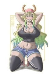 antlers black_tank_top breasts curvy curvy_female hands_behind_head hat hourglass_figure hourglass_figured_female kneeling kneesocks large_breasts legwear long_hair looking_at_viewer lucoa lucoa_(maidragon) miss_kobayashi's_dragon_maid multicolored_eyes multicolored_hair navel pink_hat shoes short_shorts smiling_at_viewer takilmar tank_top thick_thighs thighs two_tone_hair white_background