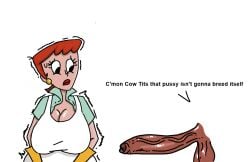 1boy 1girls cartoon cartoon_network cartoony child_bearing_hips dark-skinned_male dexter's_laboratory dexter's_mom female giant_breasts giant_penis huge_breasts huge_cock imminent_rape imminent_sex imminent_vaginal incoming_sex male milf penis shaking weenis_boy worried_expression