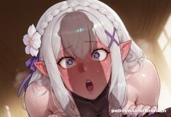 1boy 1boy1girl 1girls ai_generated blush blush_lines blushing_at_viewer blushing_female cock_shock dick_shadow emilia_(re:zero) female kneeling kneeling_female kneeling_oral_position kranken male patreon patreon_url patreon_username penis penis_awe penis_shadow re:zero_kara_hajimeru_isekai_seikatsu shadow shocked shocked_expression shocked_eyes shocked_face shocking white_hair