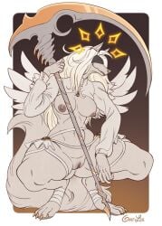 anthro bandage canid canine covered_eyes crouching female genitals goolee halo mammal melee_weapon polearm pussy scythe solo thick_thighs weapon wings