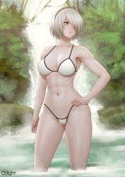 abs absurd_res alluring alternate_version_available aqua_eyes athletic athletic_female bare_legs big_breasts bikini female female_abs female_only fit fit_female hairband hand_on_hip hand_on_own_hip high_res in_water light-skinned_female light_skin mole mole_under_mouth navel nier:_automata nier_(series) oslight outside pin_up short_hair square_enix wading water white_hair yorha_2b yorha_no._2_type_b
