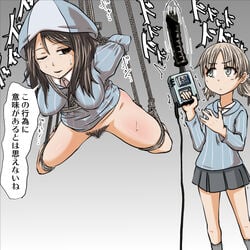 aki_(girls_und_panzer) bondage bound dildo girls_und_panzer hat hogtie long_hair mika_(girls_und_panzer) multiple_girls one_eye_closed pubic_hair restrained rope suspension sweat text tied_hair tied_up translation_request twintails