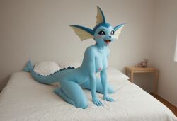 ai_generated anthro anthropomorphic beautiful bedroom big_breasts blue_eyes breasts breeding_request female furry generation_1_pokemon in_heat inviting_to_sex looking_at_viewer penis pokemon pokemon_(species) scales scalie seductive seductive_look seductive_smile sexy sexy_body sexy_pose tits_out vaporeon wet_pussy
