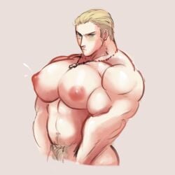 1:1 2d 2d_(artwork) axis_powers_hetalia bara big_areola big_muscles big_pecs blonde_hair blue_eyes digital_media_(artwork) gay germany_(hetalia) huge_pecs ludwig_weillschmidt male_boobs male_only moobs muscles muscular muscular_male necklace pecs pubic_hair slicked_back_hair