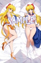 absurdres alluring ass bishoujo_senshi_sailor_moon blonde_hair blue_eyes blue_sailor_collar blue_skirt blush bow circlet collarbone dakimakura_(medium) female gloves gluteal_fold groin hairbow high_heels highres holding holding_unworn_clothes holding_unworn_skirt large_breasts long_hair looking_at_viewer lying magical_girl minako_aino mitarashi_kousei navel nipples on_back on_bed on_side orange_shoes panties red_bow sailor_collar sailor_venus sample_watermark school_uniform serafuku shoes skirt smile socks solo underwear unworn_skirt watermark white_gloves white_panties white_socks
