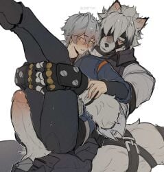 2boys absurd_res anthro anthro_on_human artist_name ass balls big_penis blue_eyes blush blushing bodily_fluids calves canid canine canis clothed clothed_male clothing duo erection fingerless_gloves fluffy_tail from_behind_position front_view fully_clothed fur furry gay genital_fluids genitals gloves grey_hair hair handwear hi_res holding_legs holding_partner huge_cock human human_on_anthro humanoid_genitalia humanoid_penis large_penis legs_held_up legs_together legs_up light-skinned_male light_skin looking_at_partner male male/male male_only multiple_boys nervous open_mouth partially_clothed penis precum red_eyes short_hair simple_background sitting sitting_on_person straps sweat sweatdrop sweating tail teeth testicles thighs von_lycaon white_background white_body white_fur white_hair wise_(zenless_zone_zero) wolf yaoi zenless_zone_zero zirttih