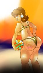 ass beach digital_media_(artwork) golden_bikini luigi mario_(series) princess_daisy simple_background super_mario_bros. vanceypants volleyball_(ball)