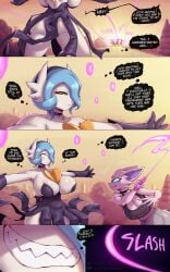 2girls angry_face anthro big_ass big_breasts blue_eyes blue_hair butt cat_ears cat_tail choker comic dialogue dialogue_bubble earrings eeveelution english_text espeon female fight forehead_jewel gammainks gardevoir generation_2_pokemon generation_3_pokemon grin hi_res large_breasts mandy_(gammainks) mega_evolution mega_gardevoir nintendo no_sex pokemon pokemon_(species) purple_fur shiny_gardevoir shiny_pokemon sword vanessa_(gammainks) yellow_eyes