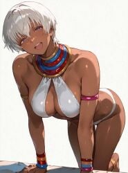 :d ai_generated all_fours anklet armlet artist_request bangs bare_arms bare_shoulders barefoot bikini blue_eyes blush bracelet breasts clavicle cleavage clothing dark-skinned_female dark_skin earrings elena_(street_fighter) feet female female_only halterneck jewelry large_breasts looking_at_viewer medium_breasts nail_polish navel neck_ring necklace open_mouth short_hair sitting smile solo street_fighter sweat swimsuit teeth thighs toes very_dark_skin white_bikini white_hair