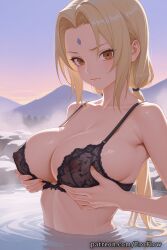 1girls 2025 ai_generated bare_shoulders black_bra blonde_hair blush boruto:_naruto_next_generations bra breasts brown_eyes cleavage closed_mouth collarbone covered_nipples erect_nipples eroflow facial_mark female female_only forehead_mark hard_nipples hi_res highres large_breasts lingerie long_hair looking_at_viewer mature_female mountain naruto naruto:_road_to_ninja naruto:_the_last naruto_(classic) naruto_(series) naruto_bomb naruto_pixxx naruto_shippuden nipples onsen outdoors patreon pool see-through solo tsunade tsunade_(cosplay) tsunade_(naruto) tsunade_senju twintails underwear upper_body voluptuous voluptuous_female water wet